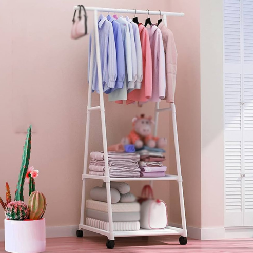Porte-vêtements portable en acier inoxydable avec roulettes